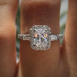 NEW Silver Radiant Cut Diamond Halo Ring 14